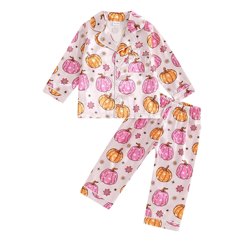Pumpkin Print Girls Sleepwear Pyjama Set Halloween, Thanksgiving, Autumn - Ethnika-Time
