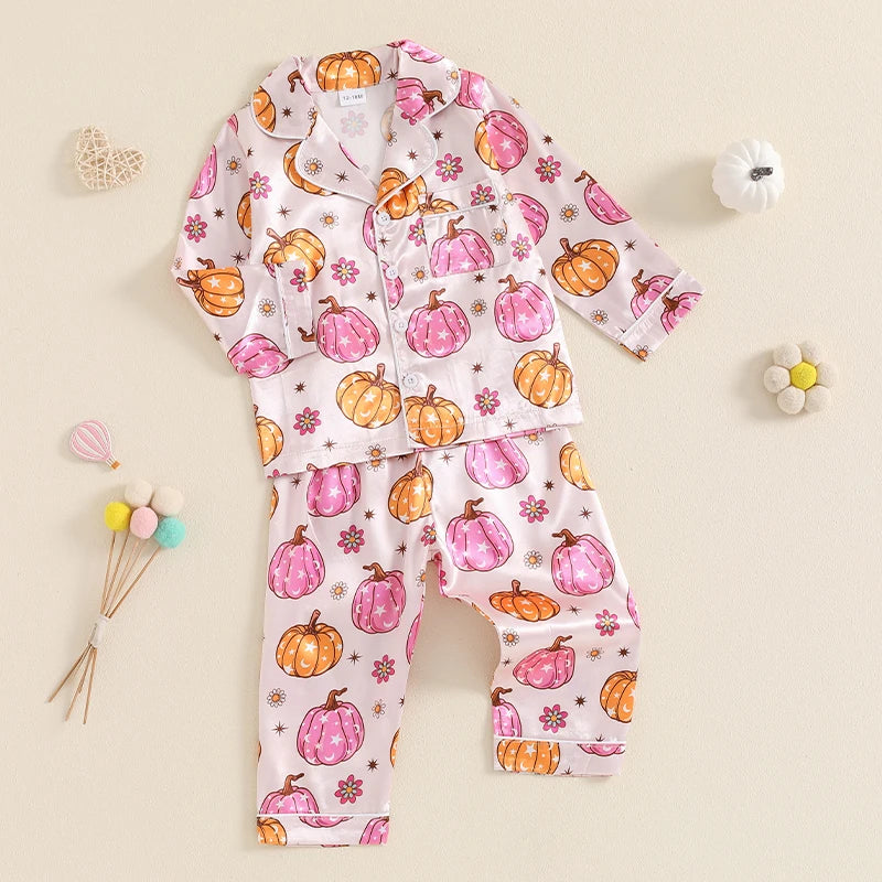 Pumpkin Print Girls Sleepwear Pyjama Set Halloween, Thanksgiving, Autumn - Ethnika-Time