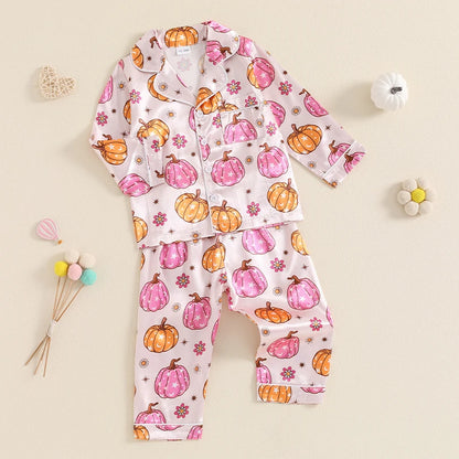Pumpkin Print Girls Sleepwear Pyjama Set Halloween, Thanksgiving, Autumn - Ethnika-Time