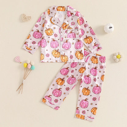 Pumpkin Print Girls Sleepwear Pyjama Set Halloween, Thanksgiving, Autumn - Ethnika-Time