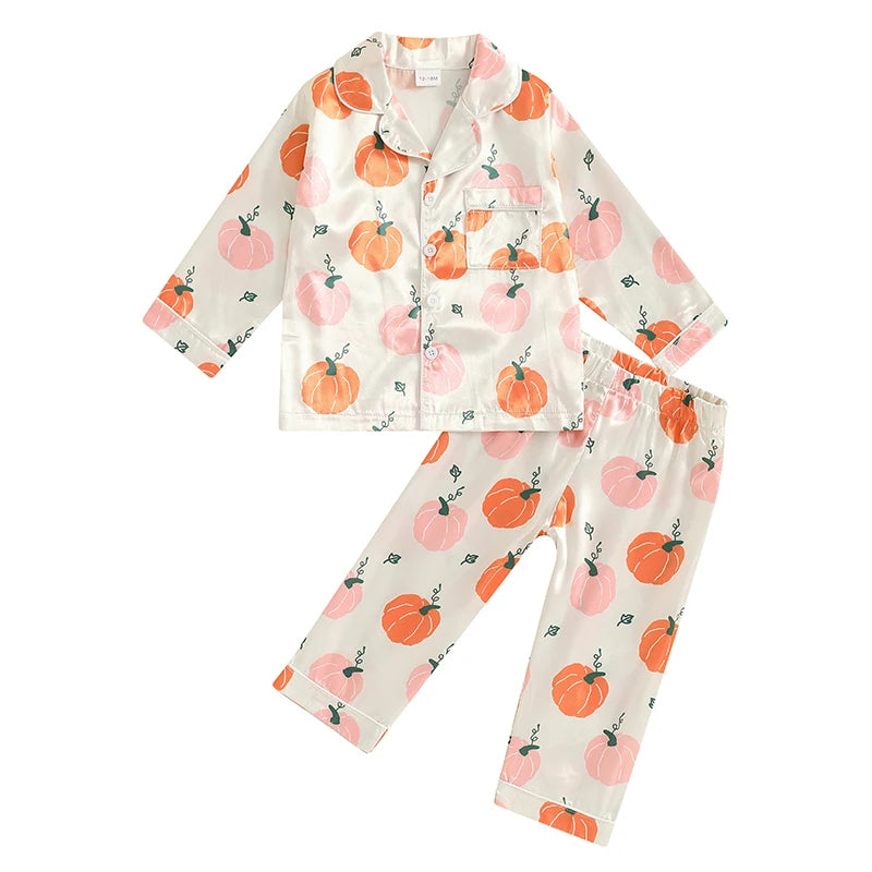 Pumpkin Print Girls Sleepwear Pyjama Set Halloween, Thanksgiving, Autumn - Ethnika-Time
