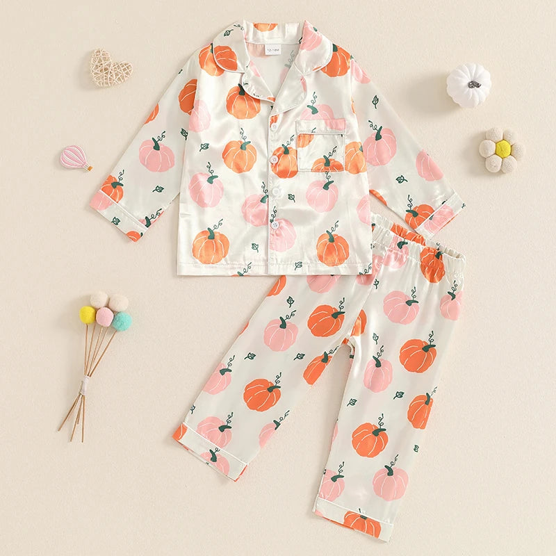 Pumpkin Print Girls Sleepwear Pyjama Set Halloween, Thanksgiving, Autumn - Ethnika-Time