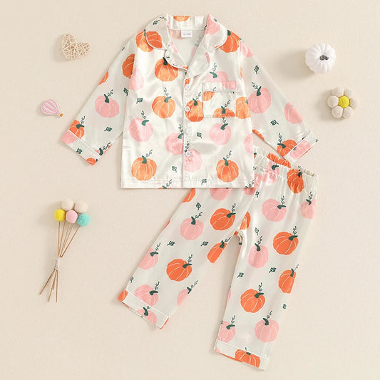 Pumpkin Print Girls Sleepwear Pyjama Set Halloween, Thanksgiving, Autumn - Ethnika-Time