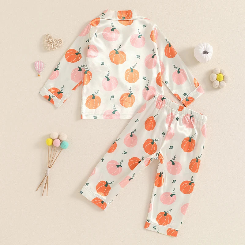 Pumpkin Print Girls Sleepwear Pyjama Set Halloween, Thanksgiving, Autumn - Ethnika-Time